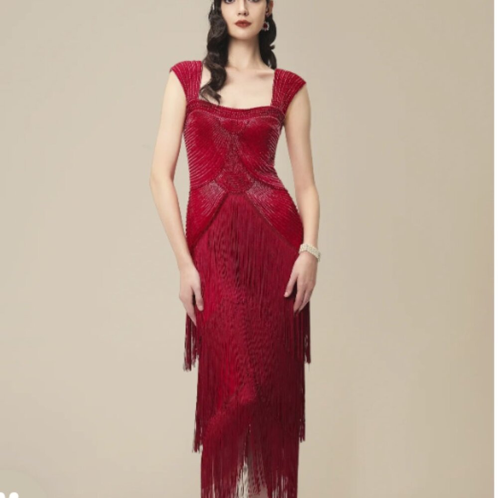 Graceful Gradient Bead Fringe Evening Gown, SIze 10, Dark Red